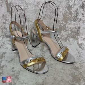 Gucci Ava Metallic Nappa Leather Chain Heel Sandal in Silver/Gold